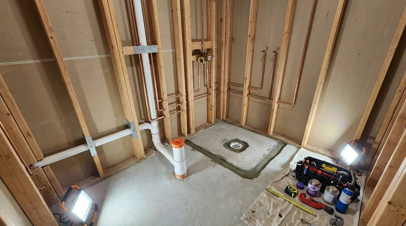 Bathroom rough-in plumbing during remodel by Johns Plumbing LLC in Apollo Beach