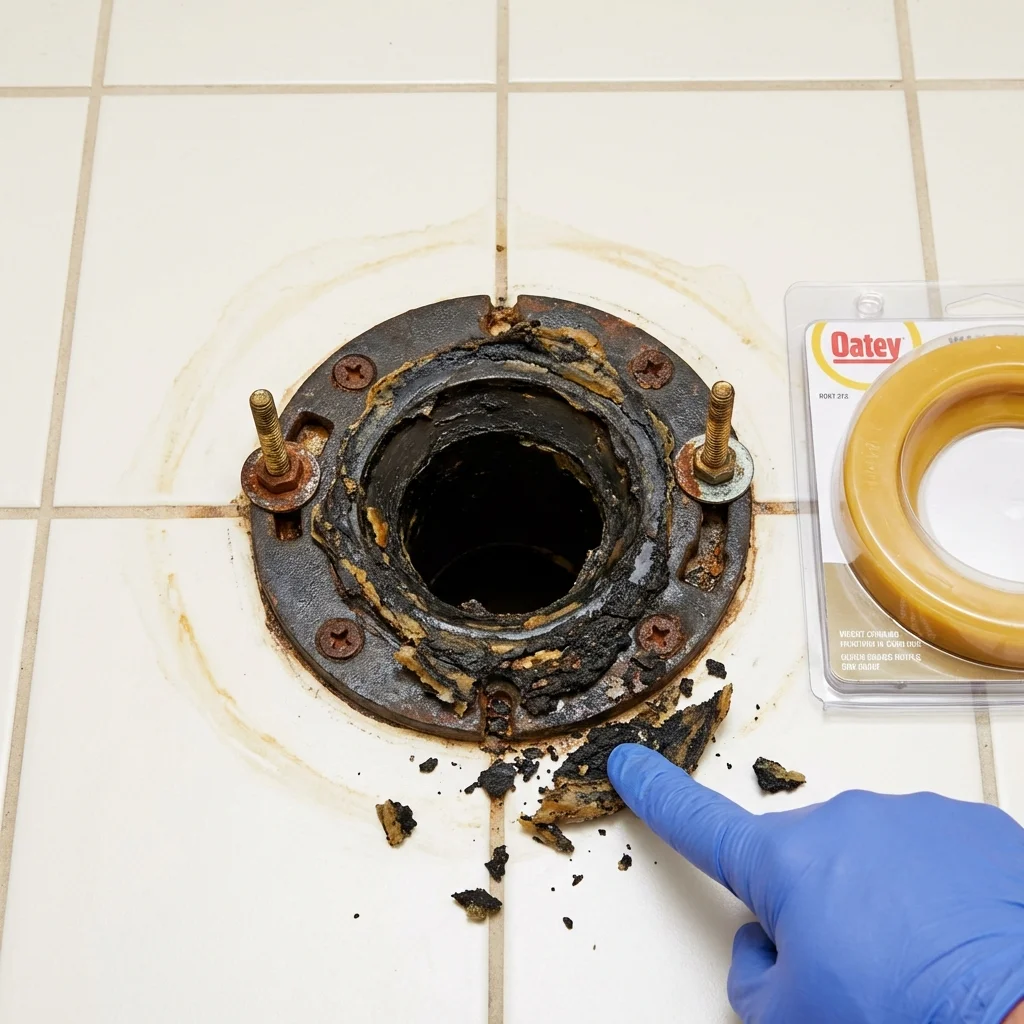 Failed wax ring showing water seepage at the base of a toilet in a Apollo Beach, FL home